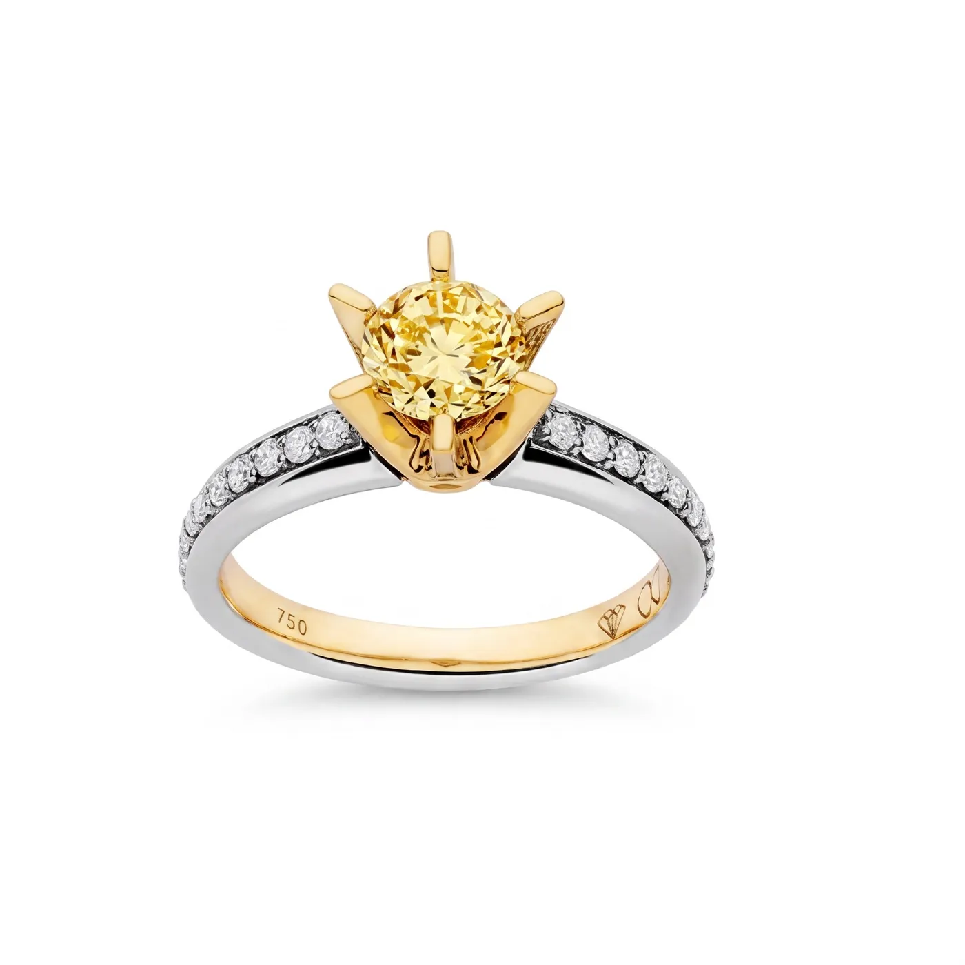 Anillo solitario con diamante amarillo engastado en seis garras de oro amarillo sobre aro de oro blanco con pavé.