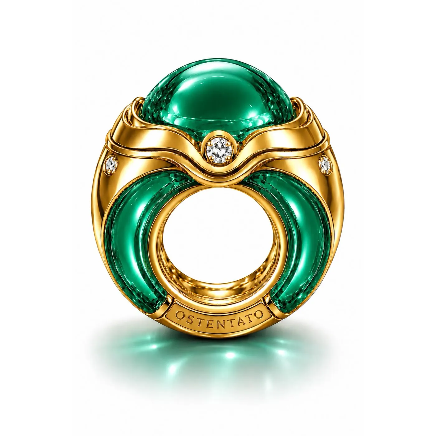 Anillo de oro amarillo macizo con un gran cabujón de esmeralda y la firma de la casa grabada en el frente.